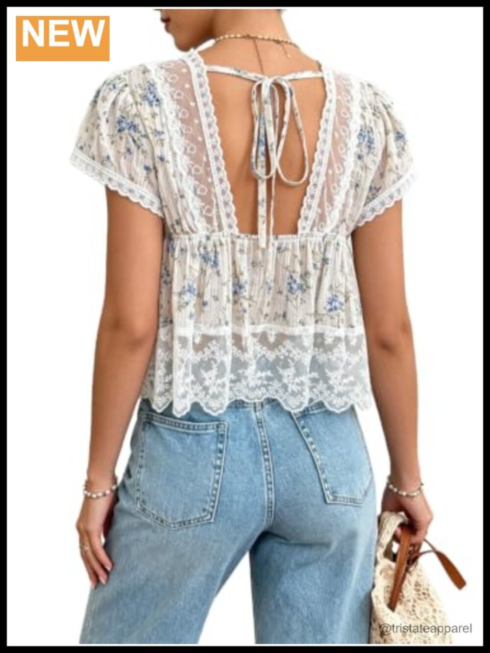 Sheer Floral V-Neck Blouse with Tie Back - Short Sleeve